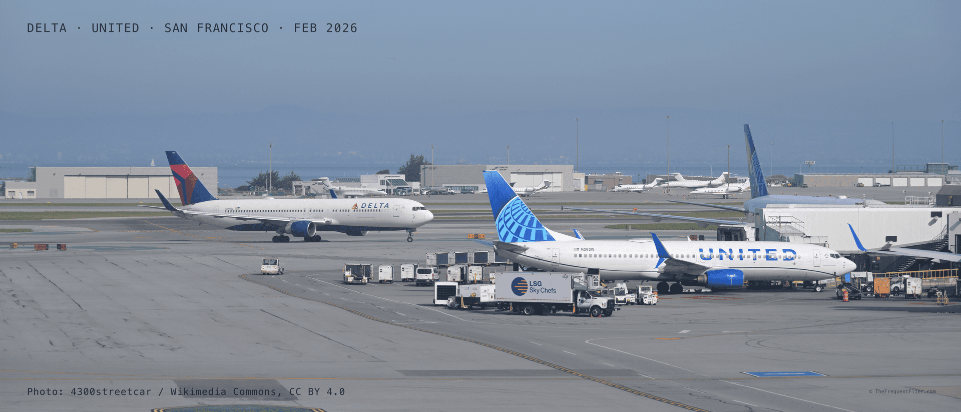 A United Airlines and a Delta Air Lines aircraft on the ramp.
