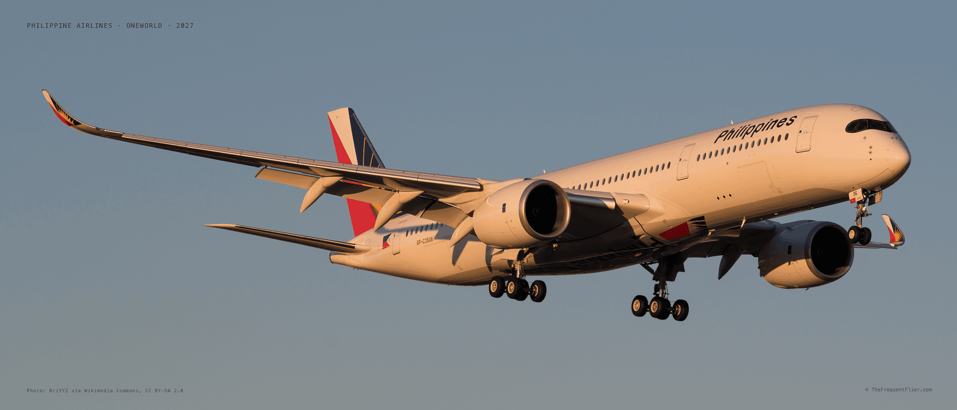 A Philippine Airlines Airbus A350-900 in current livery on approach in golden-hour light.