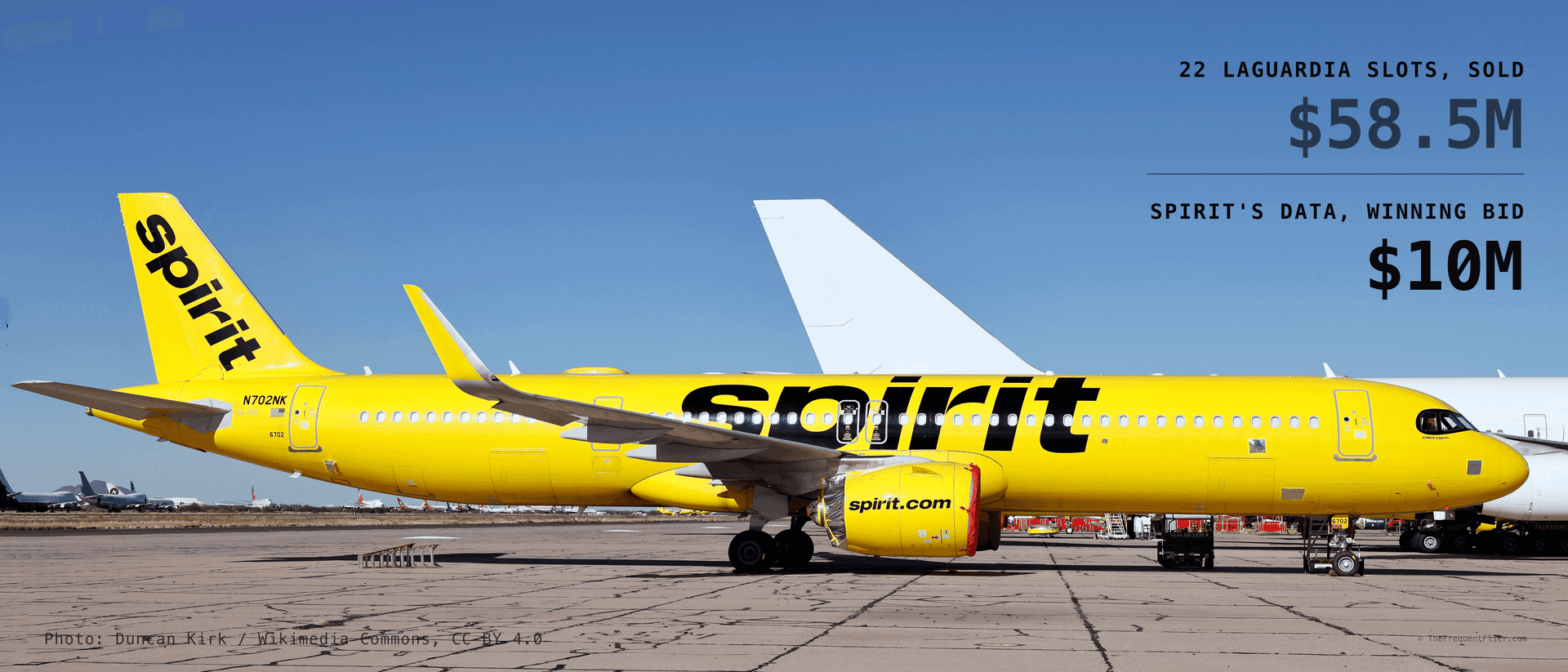A Spirit Airlines Airbus A321neo parked in long-term storage on a desert apron, engine inlets blanked off and other stored airliners on the line behind it, with the $58.5 million the estate got for 22 LaGuardia slots and the $10 million winning bid for Spirit's business data set in the sky above it.